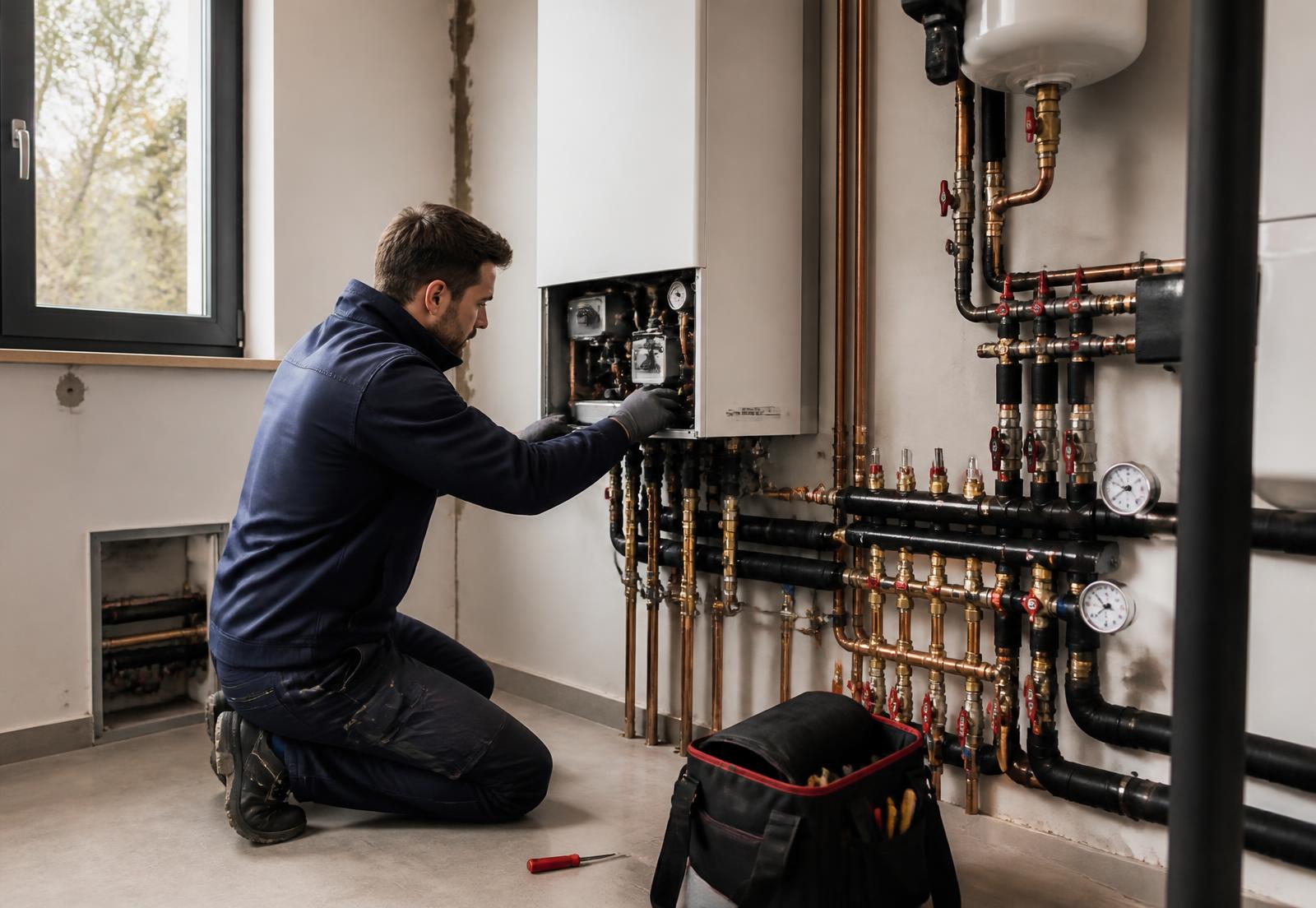 Technicien raccordant le module intérieur d’une pompe à chaleur
